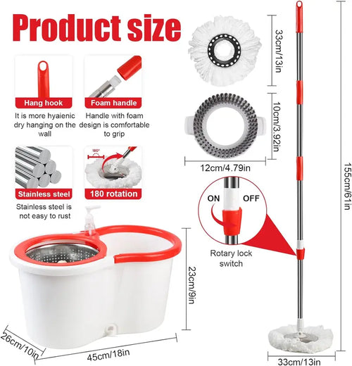Spin Mop and Bucket Set (includes replacement head and 6 microfiber mop pads), self-cleaning bucket, high-efficiency home cleaning tool.