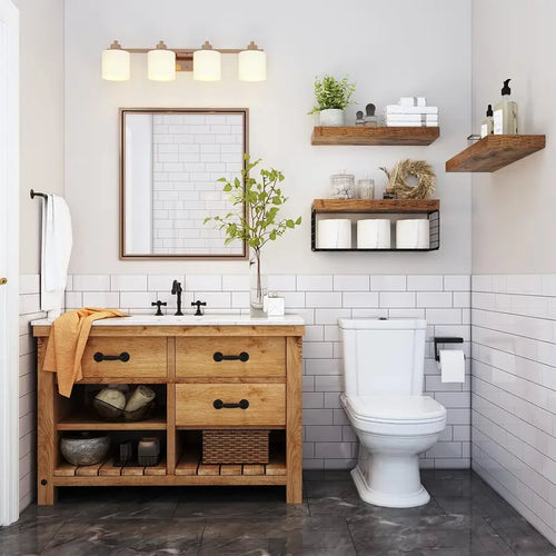 Bathroom Shelf Unit – Wall-Mounted Floating Shelves (with Toilet Paper Storage), Small Farmhouse-Style Decorative Shelves, 16-Inch 3-Piece Set, Vintage Brown